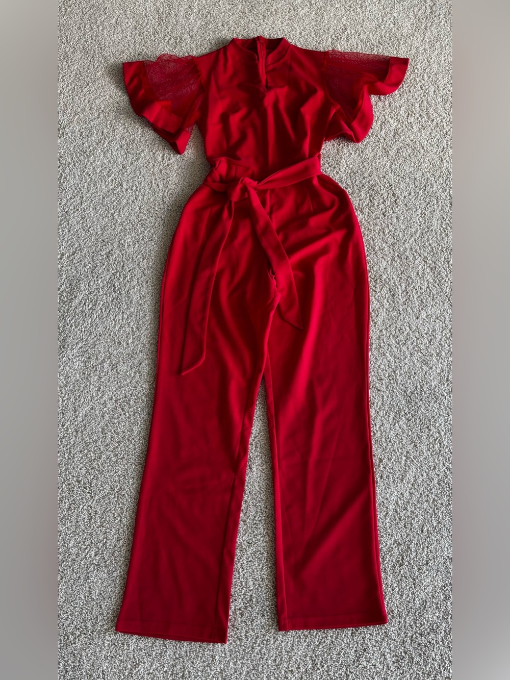 Red Tie-Waist Flutter-Slee Jumpsuit